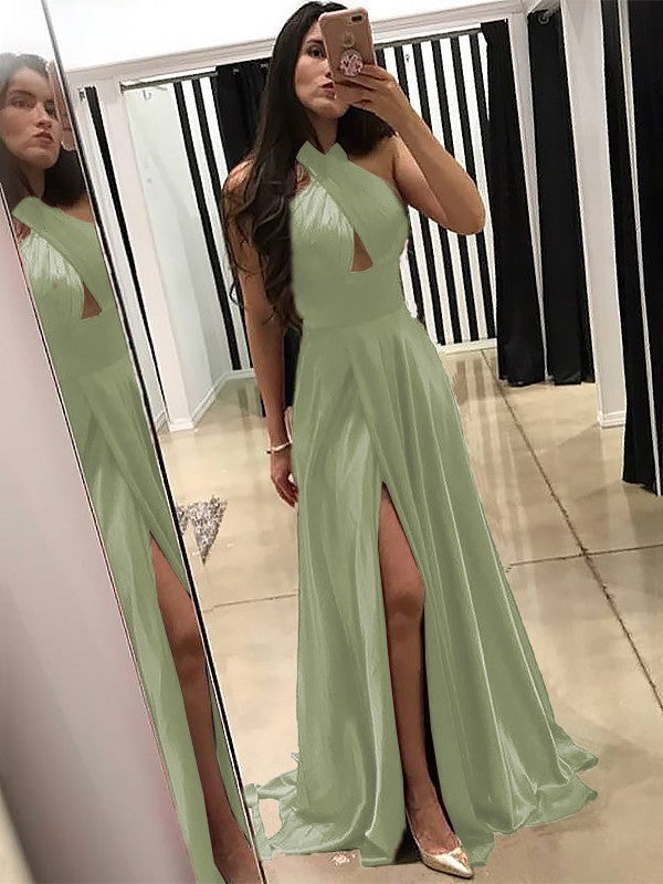 A-Line Halter Sleeveless Sweep/Brush Train With Ruffles Silk like Satin Prom Dress