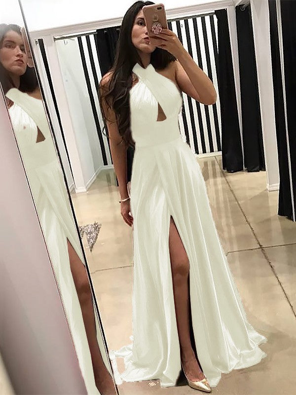 A-Line Halter Sleeveless Sweep/Brush Train With Ruffles Silk like Satin Prom Dress
