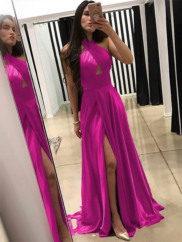 A-Line Halter Sleeveless Sweep/Brush Train With Ruffles Silk like Satin Prom Dress