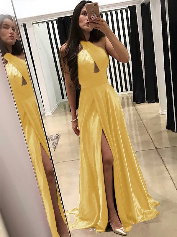 A-Line Halter Sleeveless Sweep/Brush Train With Ruffles Silk like Satin Prom Dress