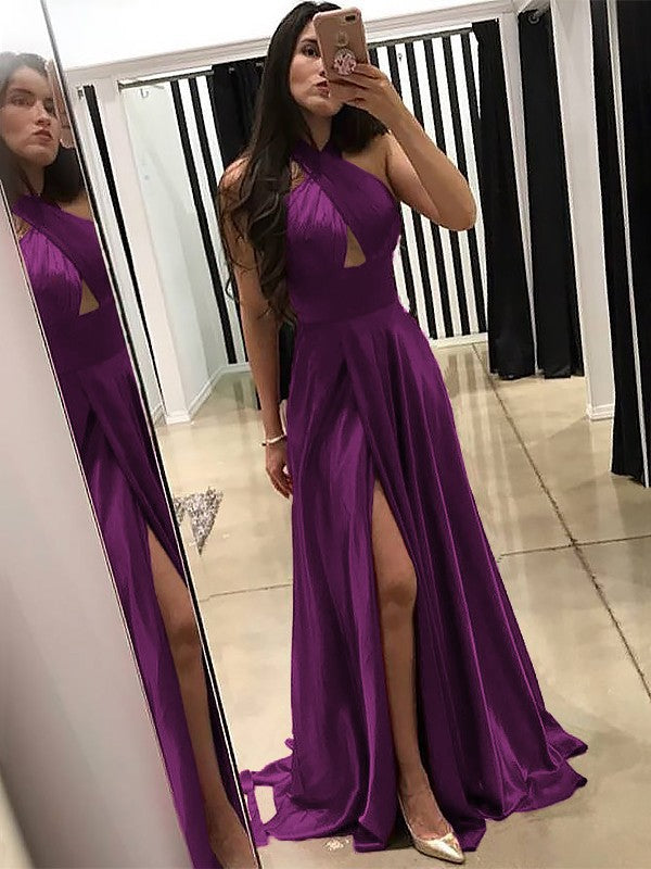 A-Line Halter Sleeveless Sweep/Brush Train With Ruffles Silk like Satin Prom Dress