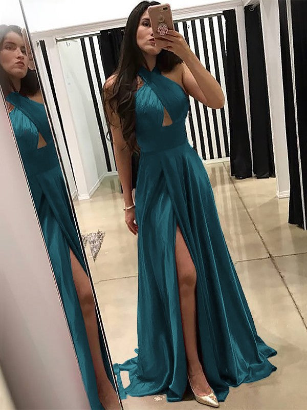 A-Line Halter Sleeveless Sweep/Brush Train With Ruffles Silk like Satin Prom Dress
