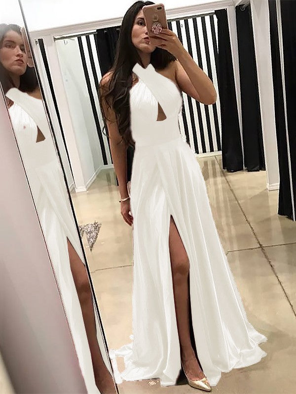 A-Line Halter Sleeveless Sweep/Brush Train With Ruffles Silk like Satin Prom Dress