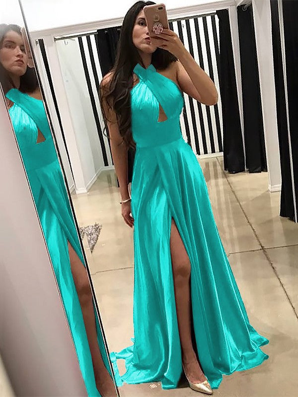 A-Line Halter Sleeveless Sweep/Brush Train With Ruffles Silk like Satin Prom Dress