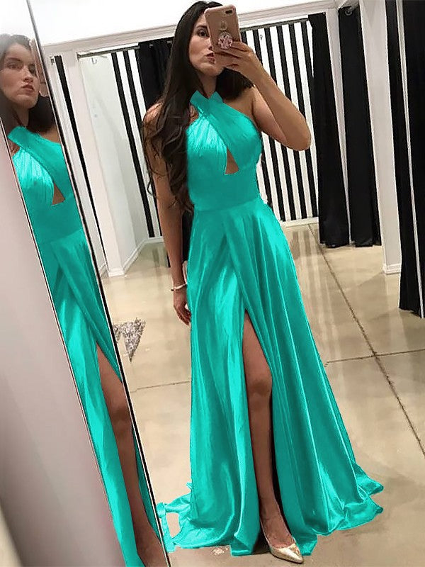 A-Line Halter Sleeveless Sweep/Brush Train With Ruffles Silk like Satin Prom Dress