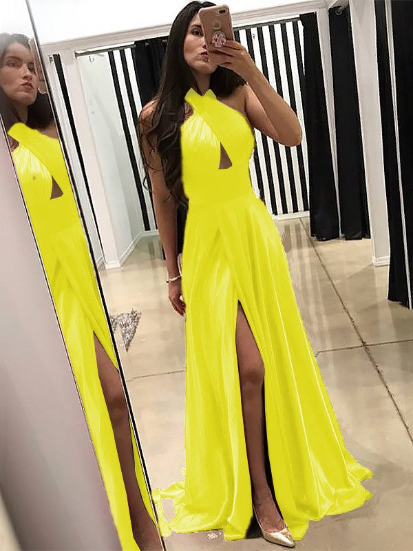 A-Line Halter Sleeveless Sweep/Brush Train With Ruffles Silk like Satin Prom Dress