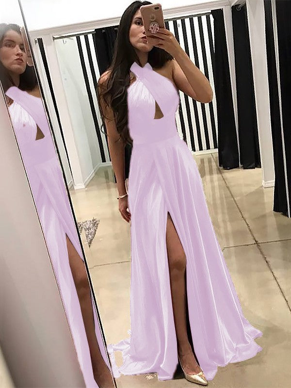 A-Line Halter Sleeveless Sweep/Brush Train With Ruffles Silk like Satin Prom Dress