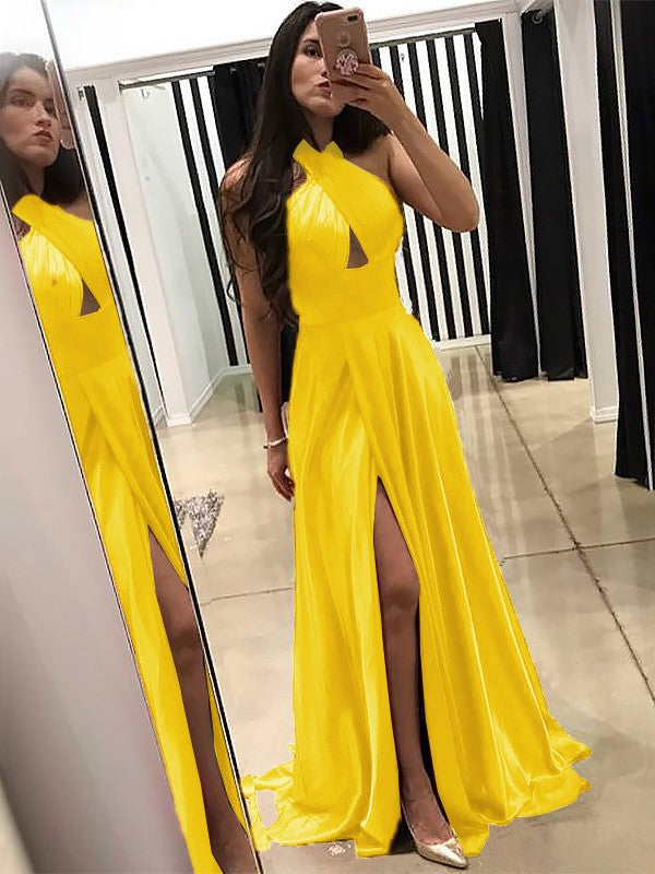 A-Line Halter Sleeveless Sweep/Brush Train With Ruffles Silk like Satin Prom Dress
