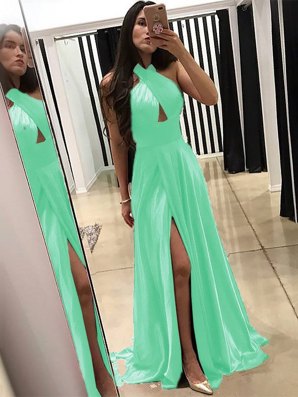 A-Line Halter Sleeveless Sweep/Brush Train With Ruffles Silk like Satin Prom Dress