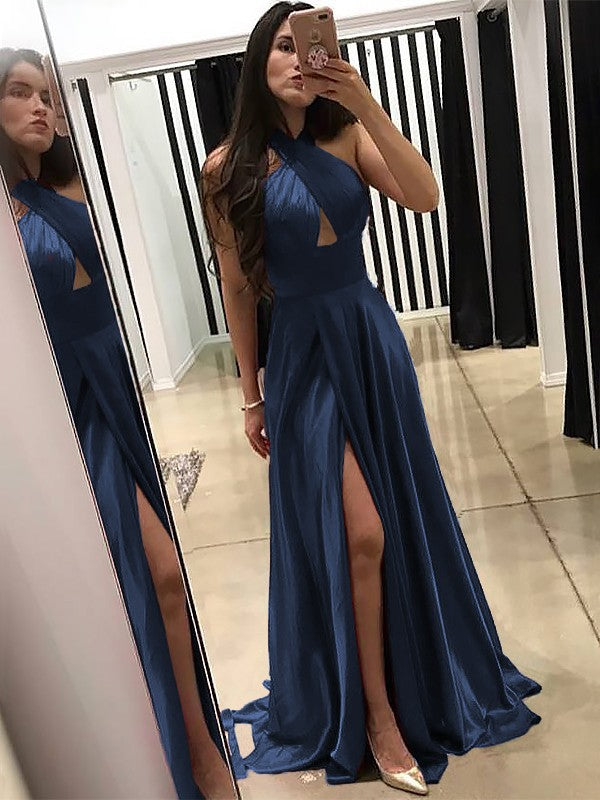 A-Line Halter Sleeveless Sweep/Brush Train With Ruffles Silk like Satin Prom Dress