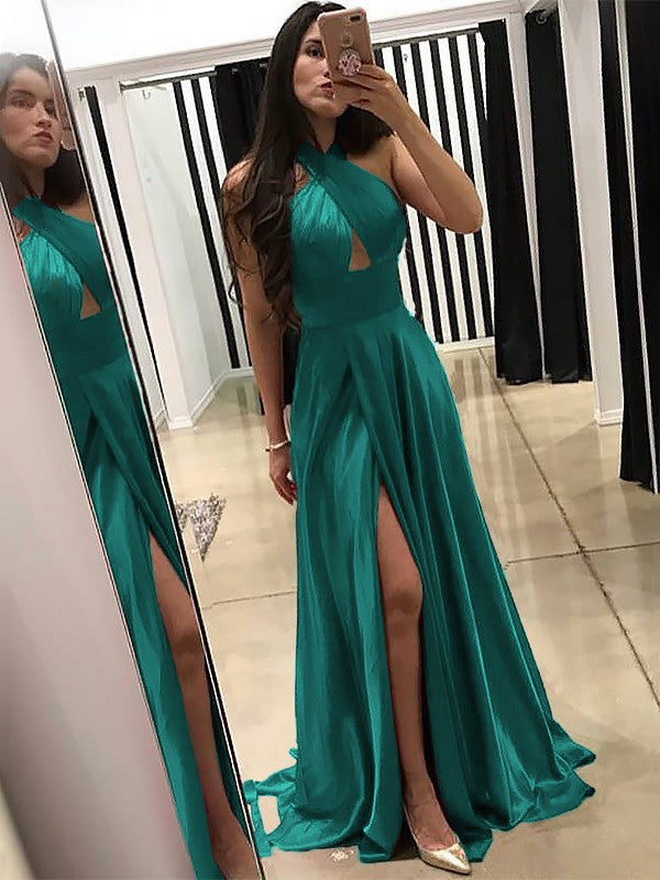 A-Line Halter Sleeveless Sweep/Brush Train With Ruffles Silk like Satin Prom Dress