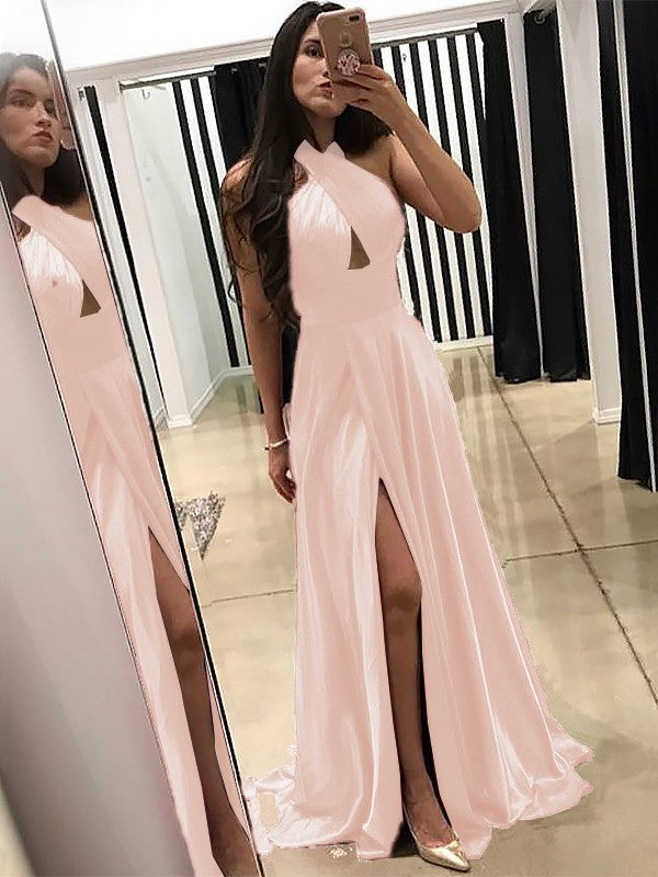A-Line Halter Sleeveless Sweep/Brush Train With Ruffles Silk like Satin Prom Dress