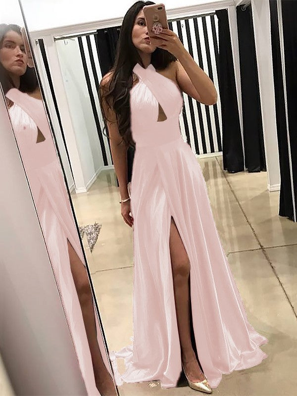 A-Line Halter Sleeveless Sweep/Brush Train With Ruffles Silk like Satin Prom Dress