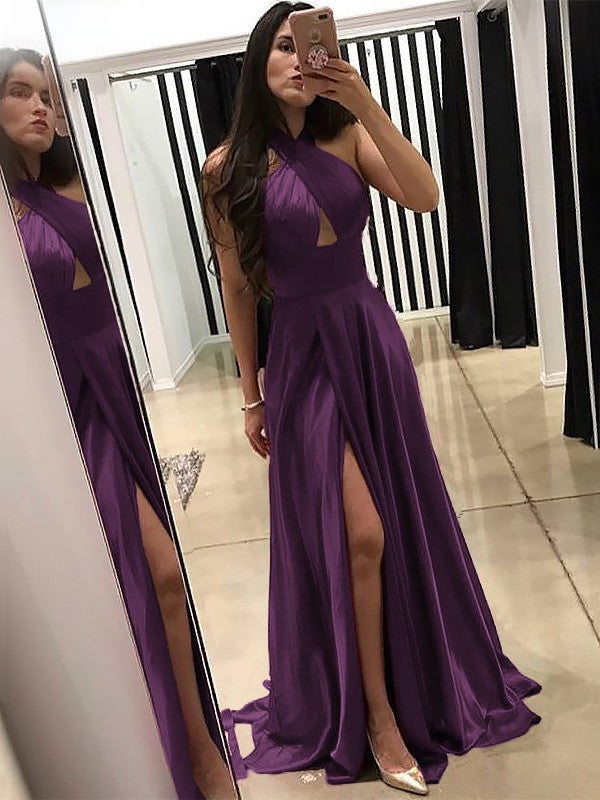 A-Line Halter Sleeveless Sweep/Brush Train With Ruffles Silk like Satin Prom Dress