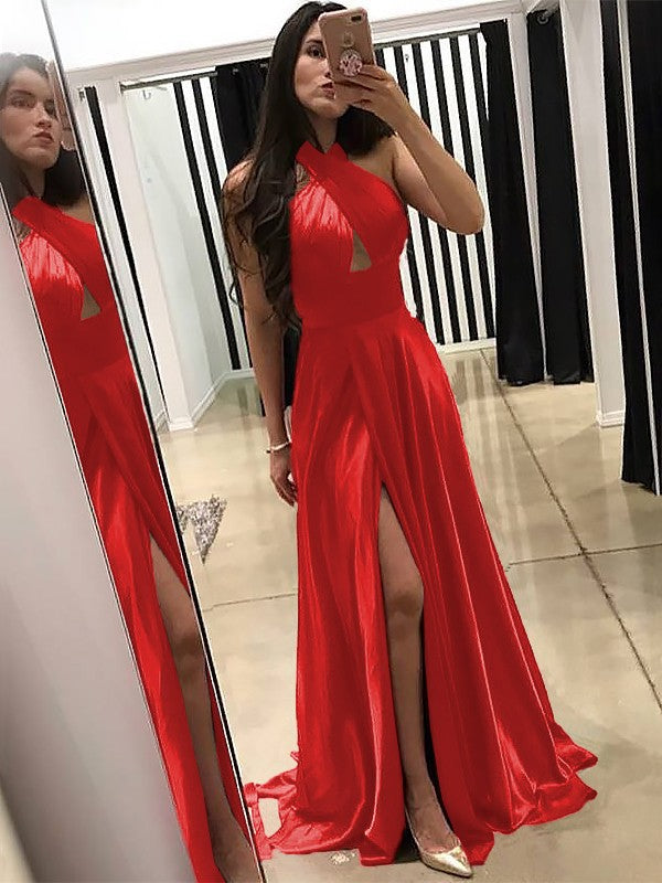 A-Line Halter Sleeveless Sweep/Brush Train With Ruffles Silk like Satin Prom Dress