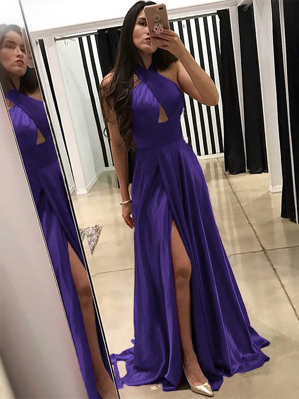 A-Line Halter Sleeveless Sweep/Brush Train With Ruffles Silk like Satin Prom Dress