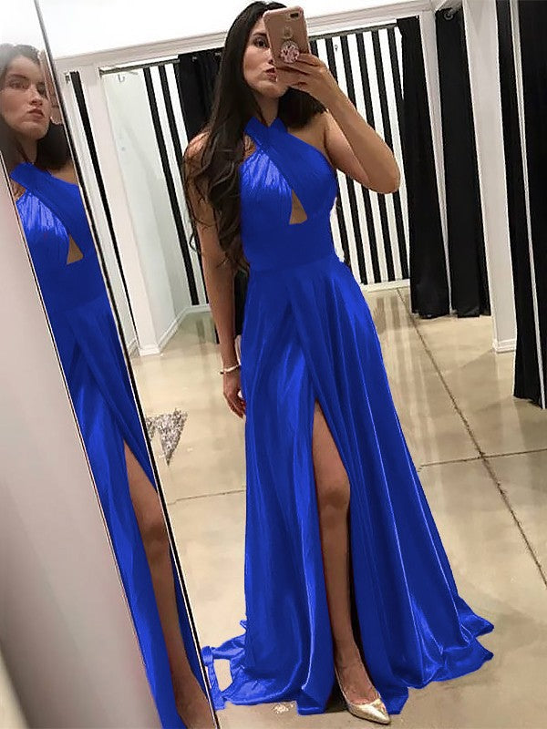 A-Line Halter Sleeveless Sweep/Brush Train With Ruffles Silk like Satin Prom Dress