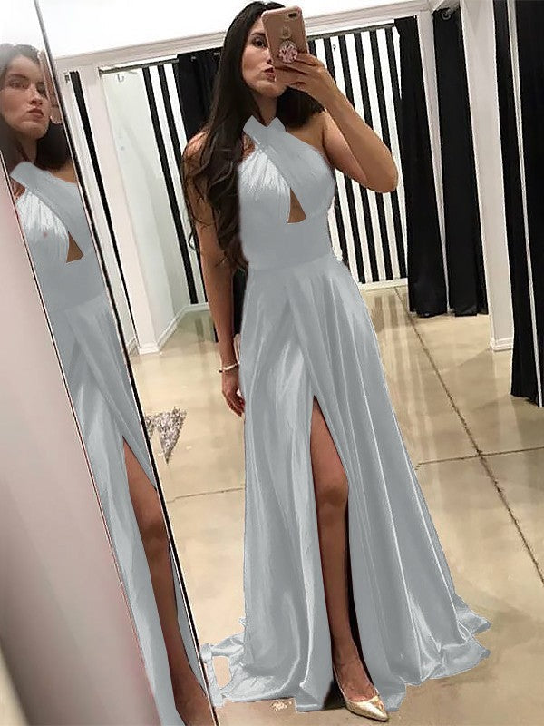 A-Line Halter Sleeveless Sweep/Brush Train With Ruffles Silk like Satin Prom Dress