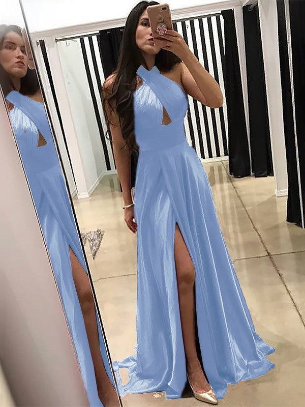 A-Line Halter Sleeveless Sweep/Brush Train With Ruffles Silk like Satin Prom Dress