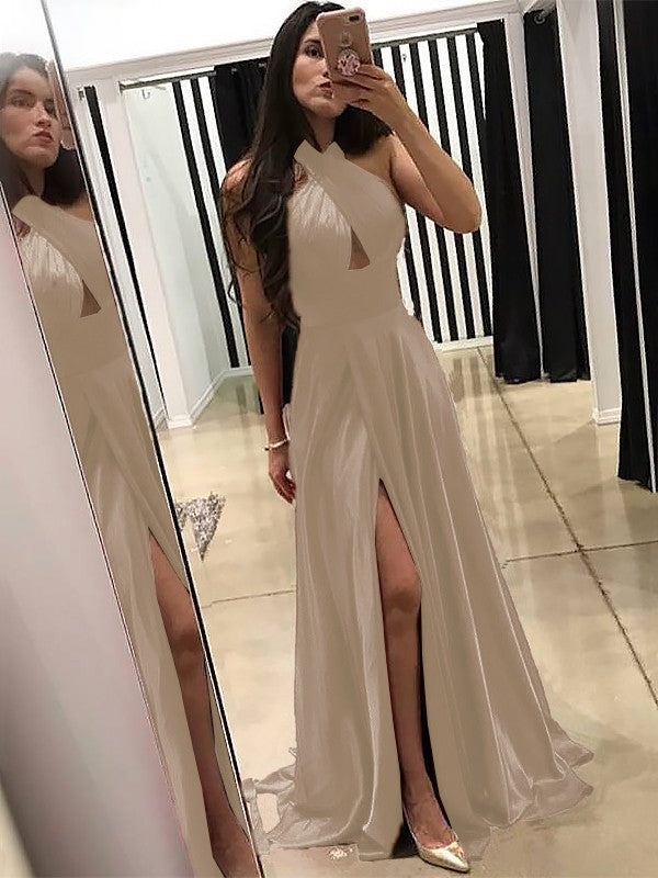 A-Line Halter Sleeveless Sweep/Brush Train With Ruffles Silk like Satin Prom Dress