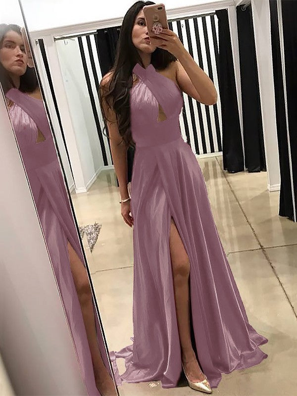 A-Line Halter Sleeveless Sweep/Brush Train With Ruffles Silk like Satin Prom Dress