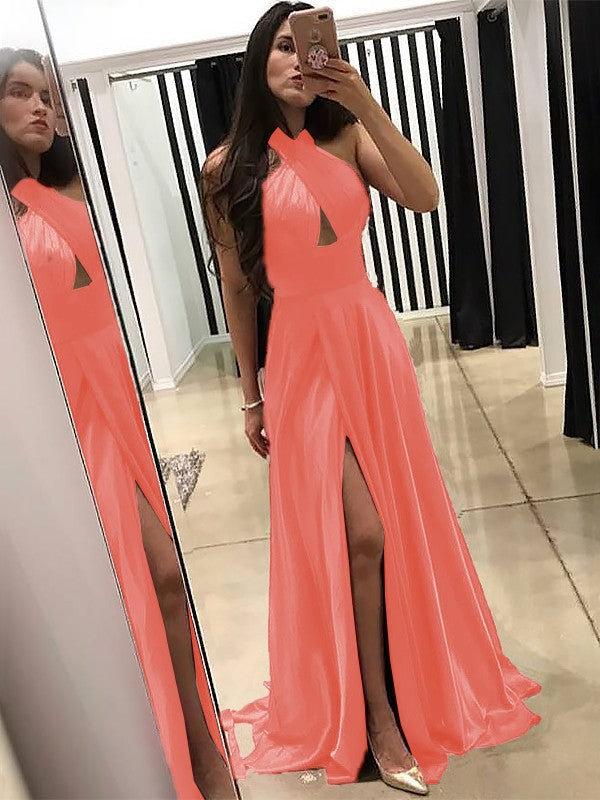 A-Line Halter Sleeveless Sweep/Brush Train With Ruffles Silk like Satin Prom Dress