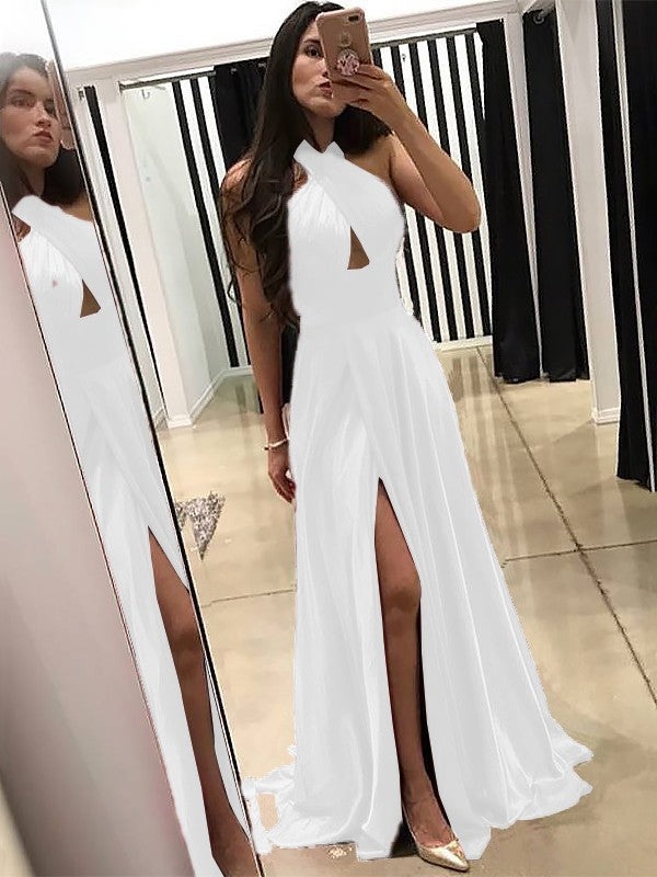 A-Line Halter Sleeveless Sweep/Brush Train With Ruffles Silk like Satin Prom Dress