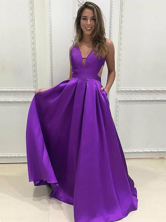 A-Line V-neck Sleeveless Sweep/Brush Train With Ruffles Satin Prom Dress