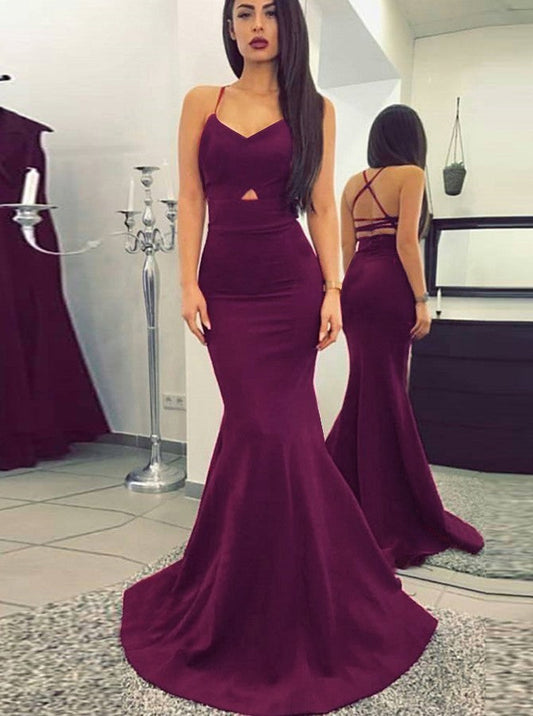 Mermaid Spaghetti Straps Sleeveless Sweep/Brush Train With Ruched Stretch Crepe Prom Dress