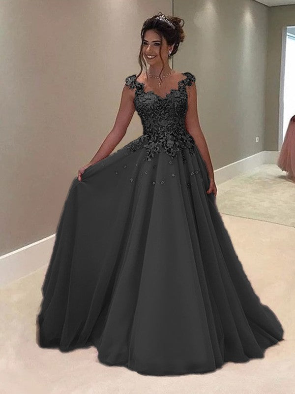 A-Line Sweetheart Sleeveless Floor-Length With Applique Tulle Prom Dress