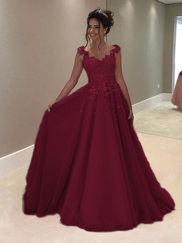 A-Line Sweetheart Sleeveless Floor-Length With Applique Tulle Prom Dress