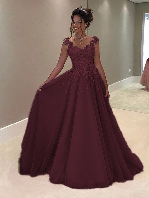 A-Line Sweetheart Sleeveless Floor-Length With Applique Tulle Prom Dress
