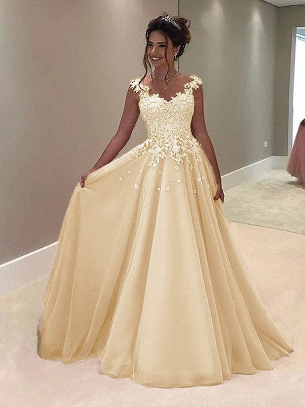 A-Line Sweetheart Sleeveless Floor-Length With Applique Tulle Prom Dress