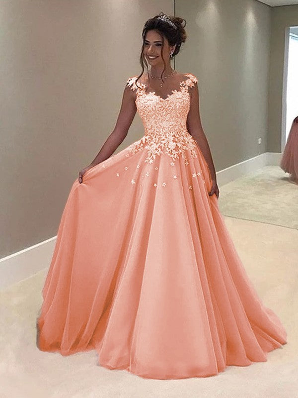 A-Line Sweetheart Sleeveless Floor-Length With Applique Tulle Prom Dress