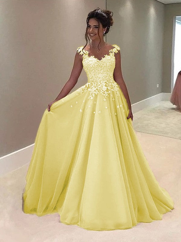 A-Line Sweetheart Sleeveless Floor-Length With Applique Tulle Prom Dress