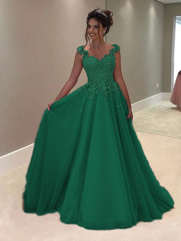 A-Line Sweetheart Sleeveless Floor-Length With Applique Tulle Prom Dress
