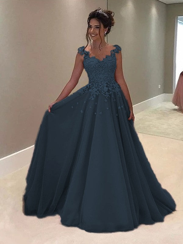 A-Line Sweetheart Sleeveless Floor-Length With Applique Tulle Prom Dress