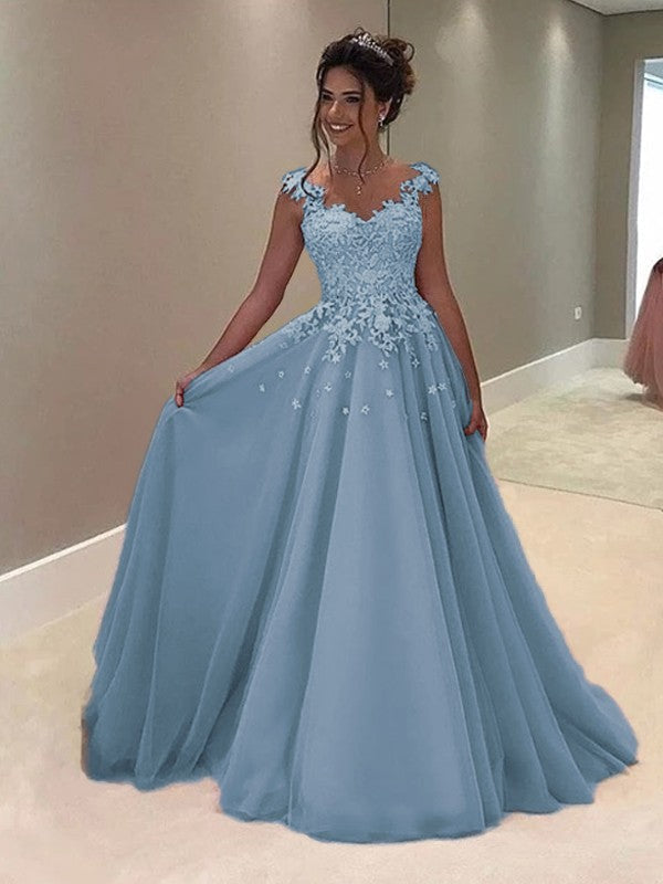 A-Line Sweetheart Sleeveless Floor-Length With Applique Tulle Prom Dress