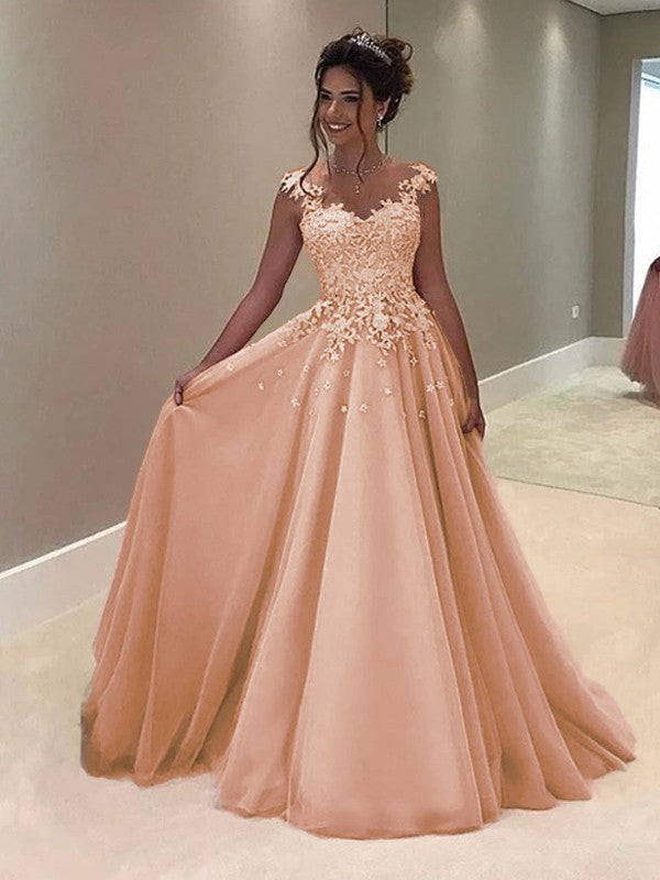 A-Line Sweetheart Sleeveless Floor-Length With Applique Tulle Prom Dress