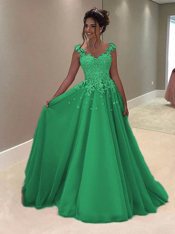 A-Line Sweetheart Sleeveless Floor-Length With Applique Tulle Prom Dress