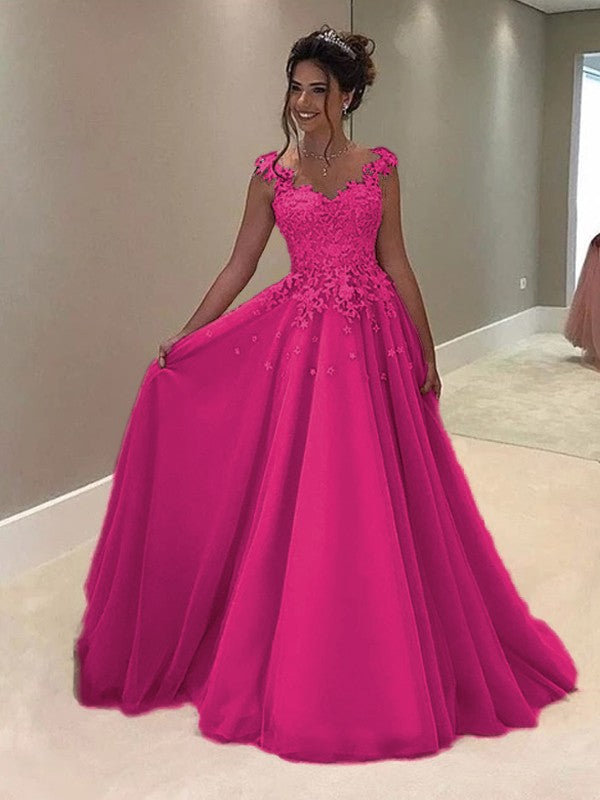 A-Line Sweetheart Sleeveless Floor-Length With Applique Tulle Prom Dress