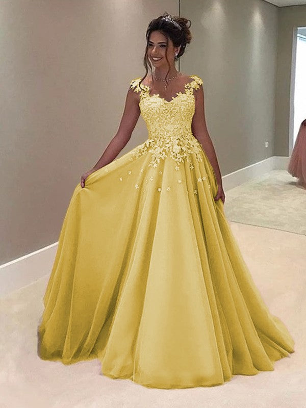 A-Line Sweetheart Sleeveless Floor-Length With Applique Tulle Prom Dress