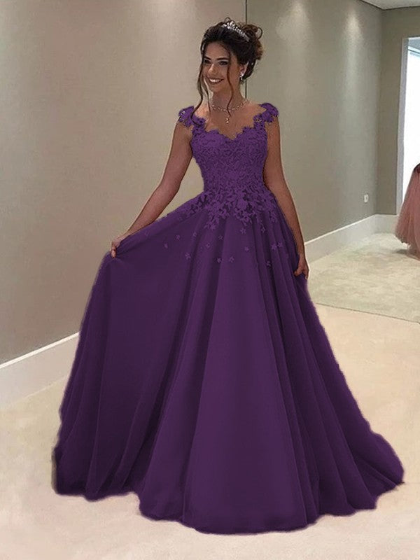 A-Line Sweetheart Sleeveless Floor-Length With Applique Tulle Prom Dress