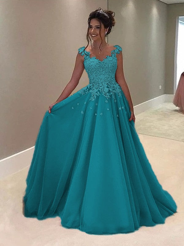 A-Line Sweetheart Sleeveless Floor-Length With Applique Tulle Prom Dress