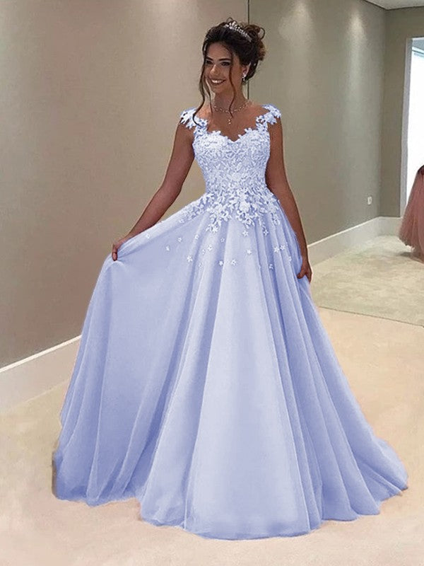 A-Line Sweetheart Sleeveless Floor-Length With Applique Tulle Prom Dress