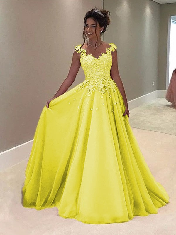 A-Line Sweetheart Sleeveless Floor-Length With Applique Tulle Prom Dress