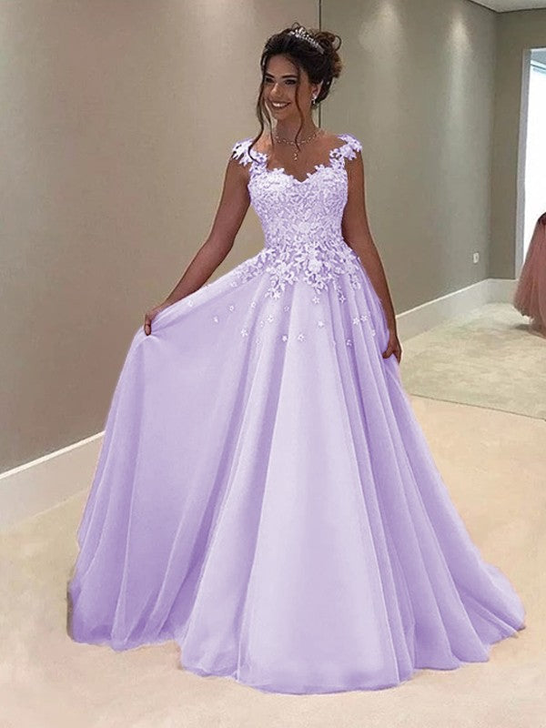 A-Line Sweetheart Sleeveless Floor-Length With Applique Tulle Prom Dress