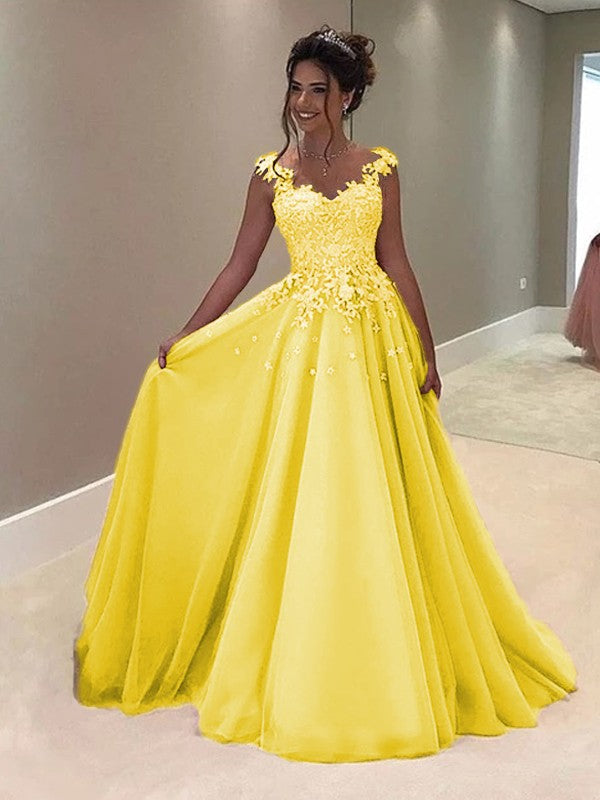 A-Line Sweetheart Sleeveless Floor-Length With Applique Tulle Prom Dress