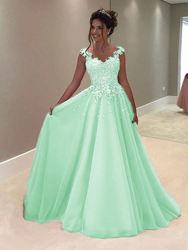 A-Line Sweetheart Sleeveless Floor-Length With Applique Tulle Prom Dress