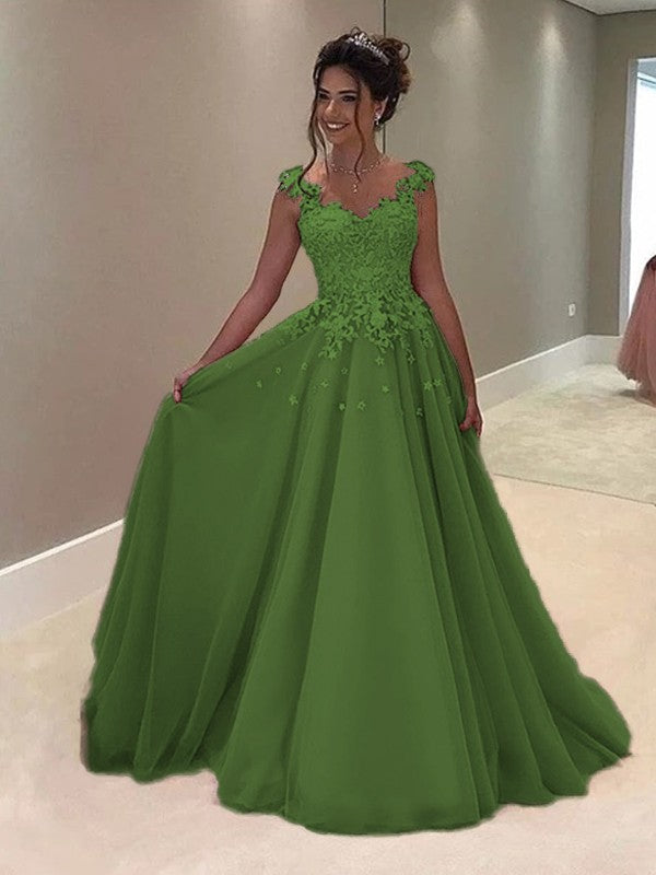 A-Line Sweetheart Sleeveless Floor-Length With Applique Tulle Prom Dress